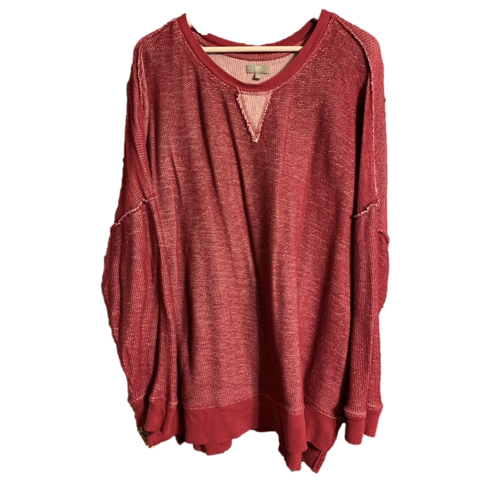 True Craft Oversized Waffle Knit Sweatshirt 2X Burgundy Raw Hem Boho Pullover
